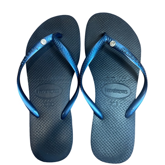 Havaianas Navy Blue Slim Flip Flops with Crystal US 7/8 - Picture 1 of 2
